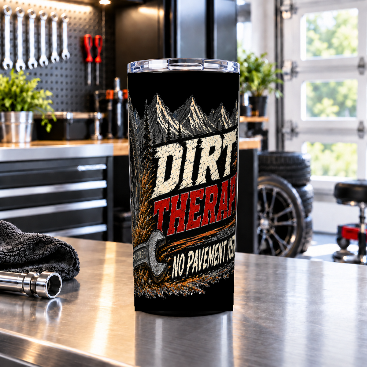 Dirt Therapy 20oz Tumbler with Garage Life artwork by Print Gear