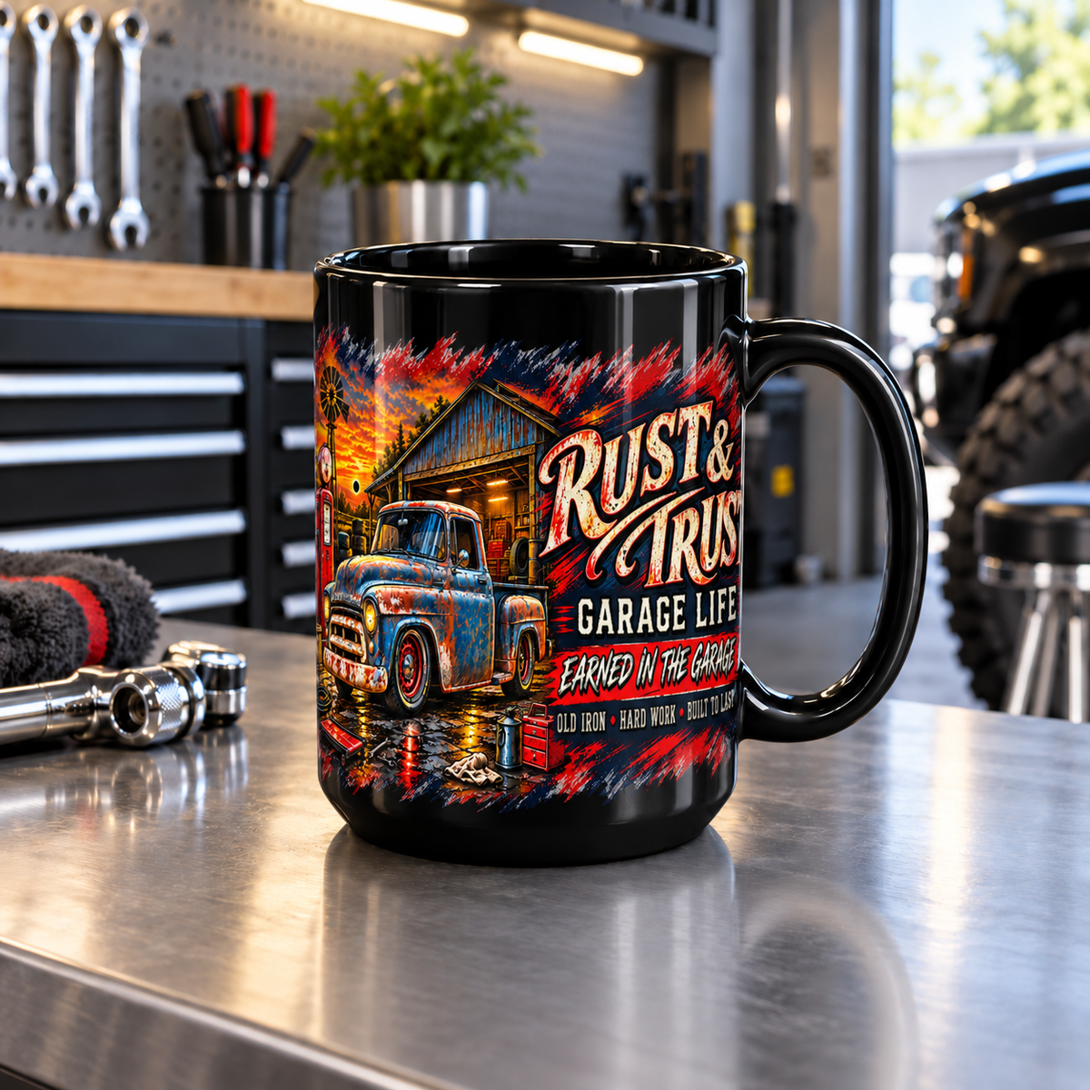 Rust & Trust Black Mug 15oz with Garage Life artwork by Print Gear