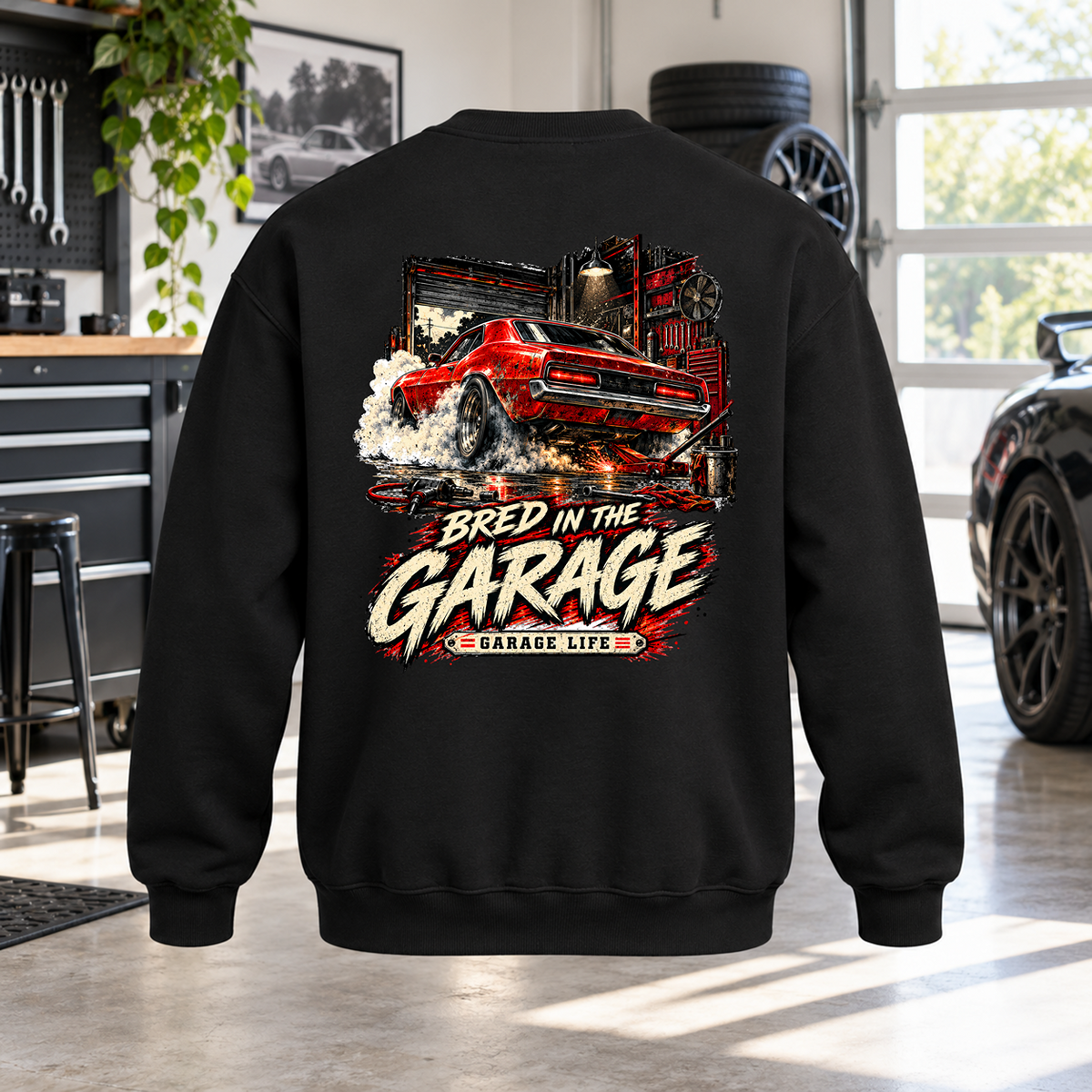 Bred In The Garage Hoodie with Garage Life artwork by Print Gear