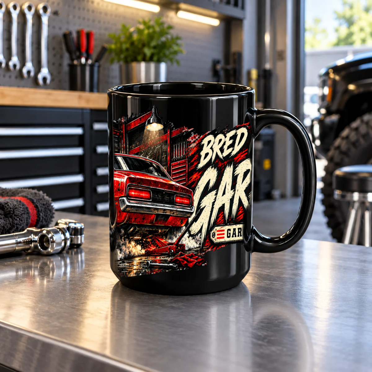 Bred In The Garage Black Mug 15oz with Garage Life artwork by Print Gear