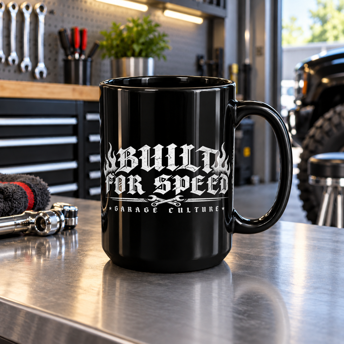 Built For Speed Black Mug 15oz with Garage Life artwork by Print Gear