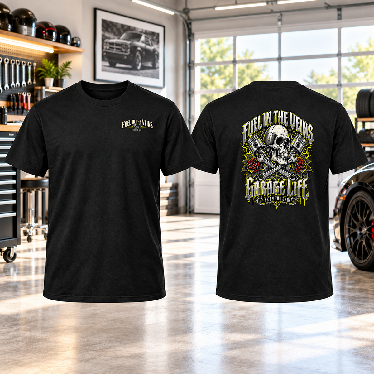 Fuel In The Veins T-Shirt with Garage Life artwork by Print Gear