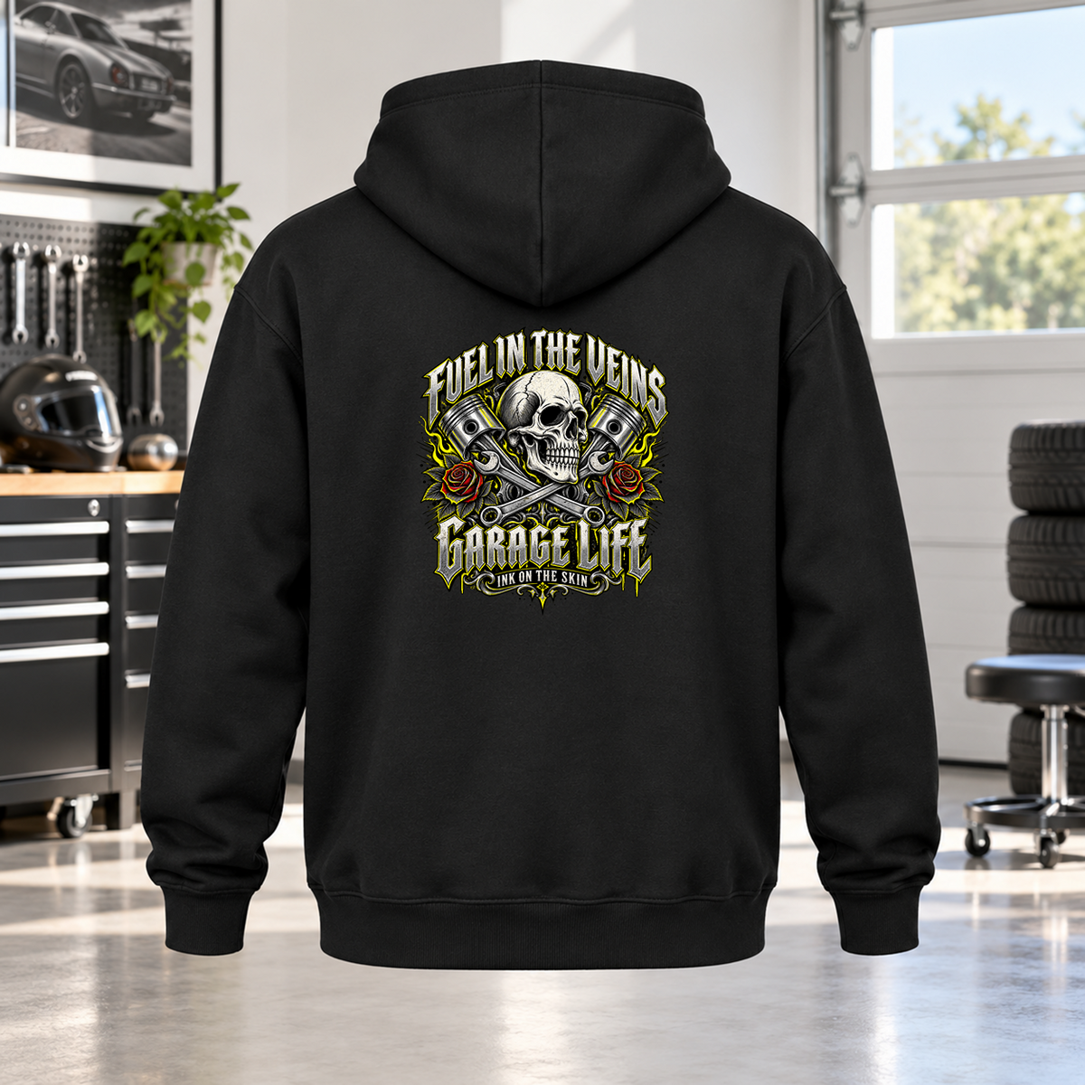 Fuel & Faith Hoodie with Garage Life artwork by Print Gear