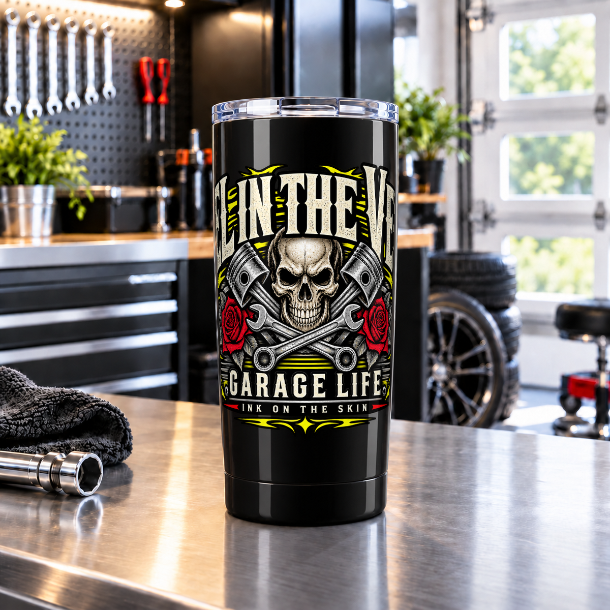 Fuel In The Veins 20oz Tumbler with Garage Life artwork by Print Gear