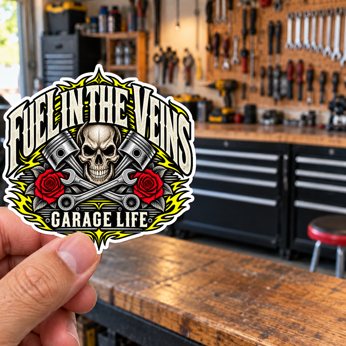 Fuel In The Veins Die-Cut Sticker 1 with Garage Life artwork by Print Gear