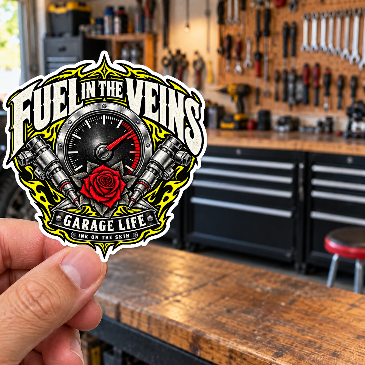 Fuel In The Veins Die-Cut Sticker 3 with Garage Life artwork by Print Gear
