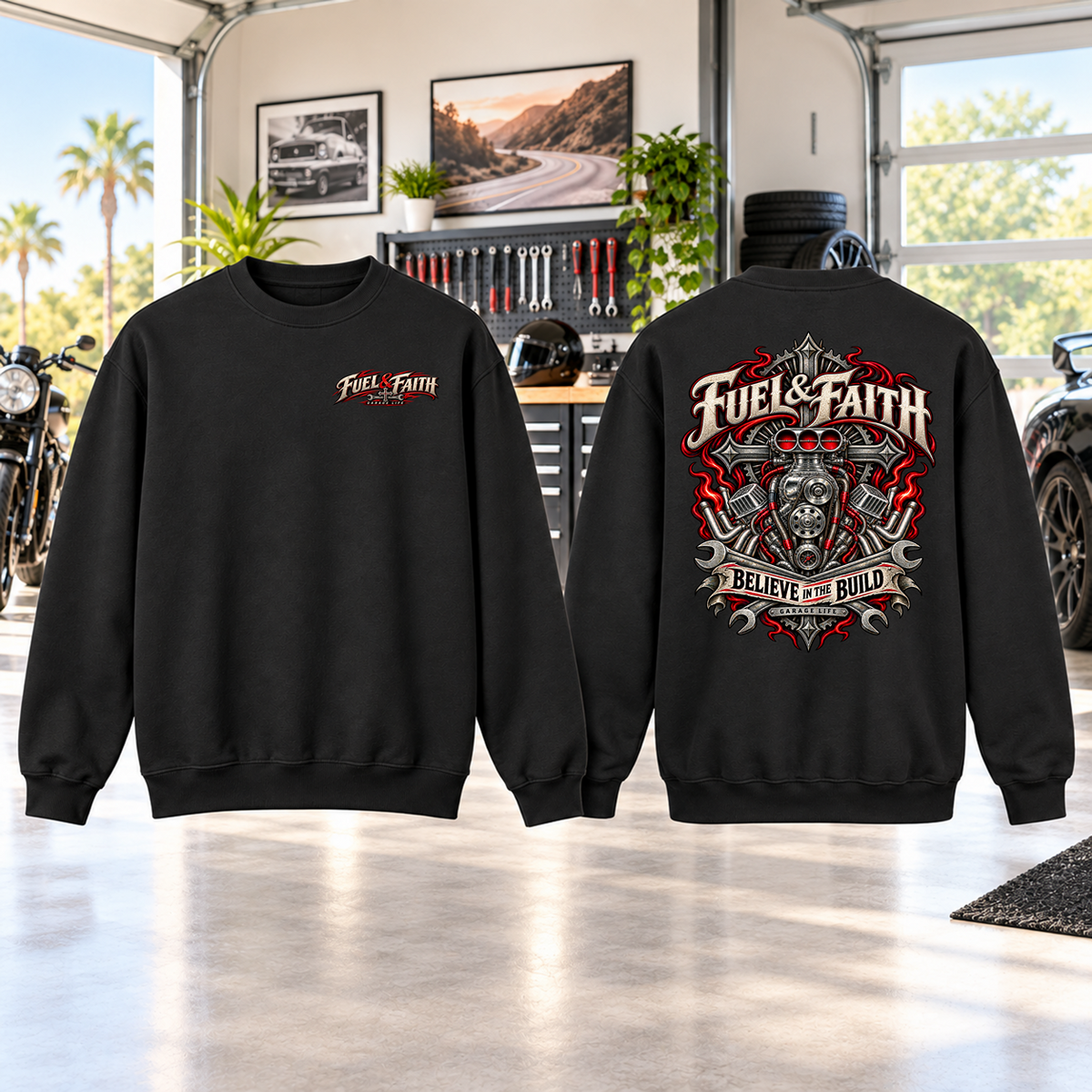Fuel & Faith Crewneck with Garage Life artwork by Print Gear