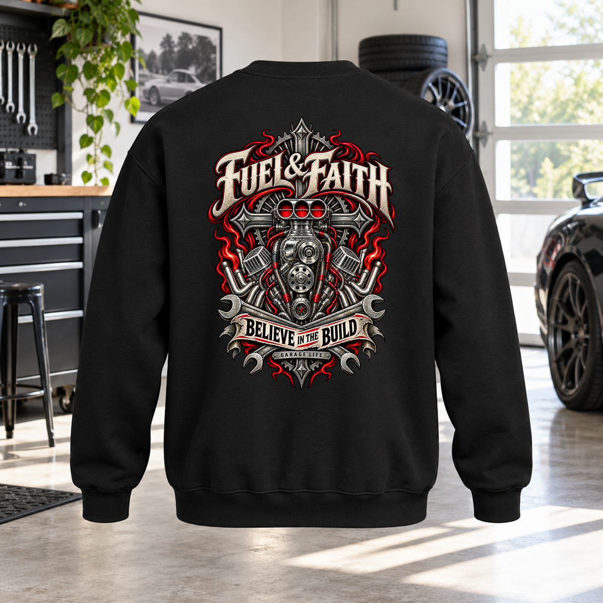 Fuel & Faith Crewneck with Garage Life artwork by Print Gear