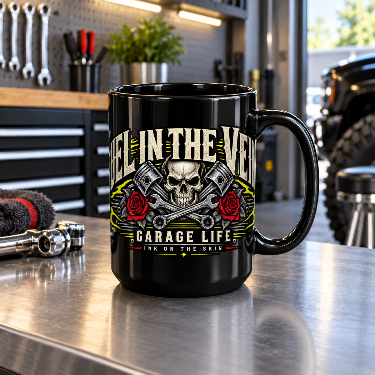 Fuel In The Veins Black Mug 15oz with Garage Life artwork by Print Gear
