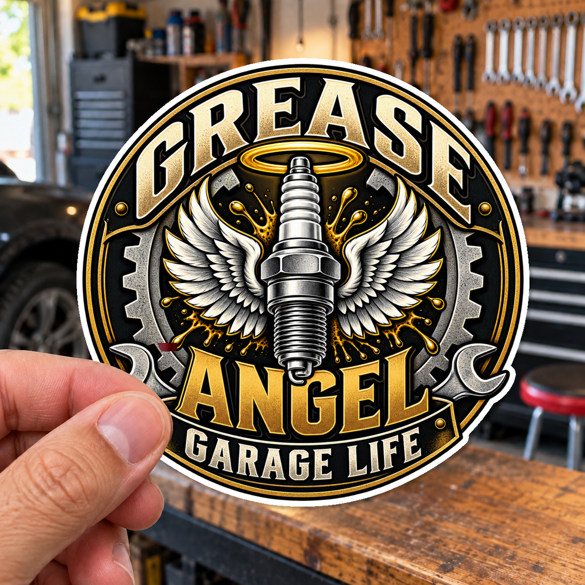 Grease Angel Die-Cut Sticker 3 with Garage Life artwork by Print Gear