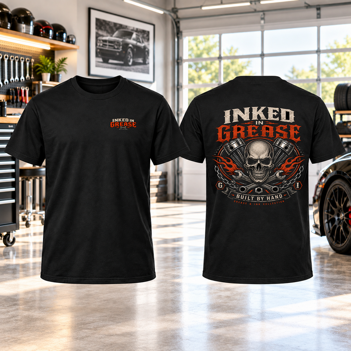 Inked In Grease T-Shirt with Garage Life artwork by Print Gear
