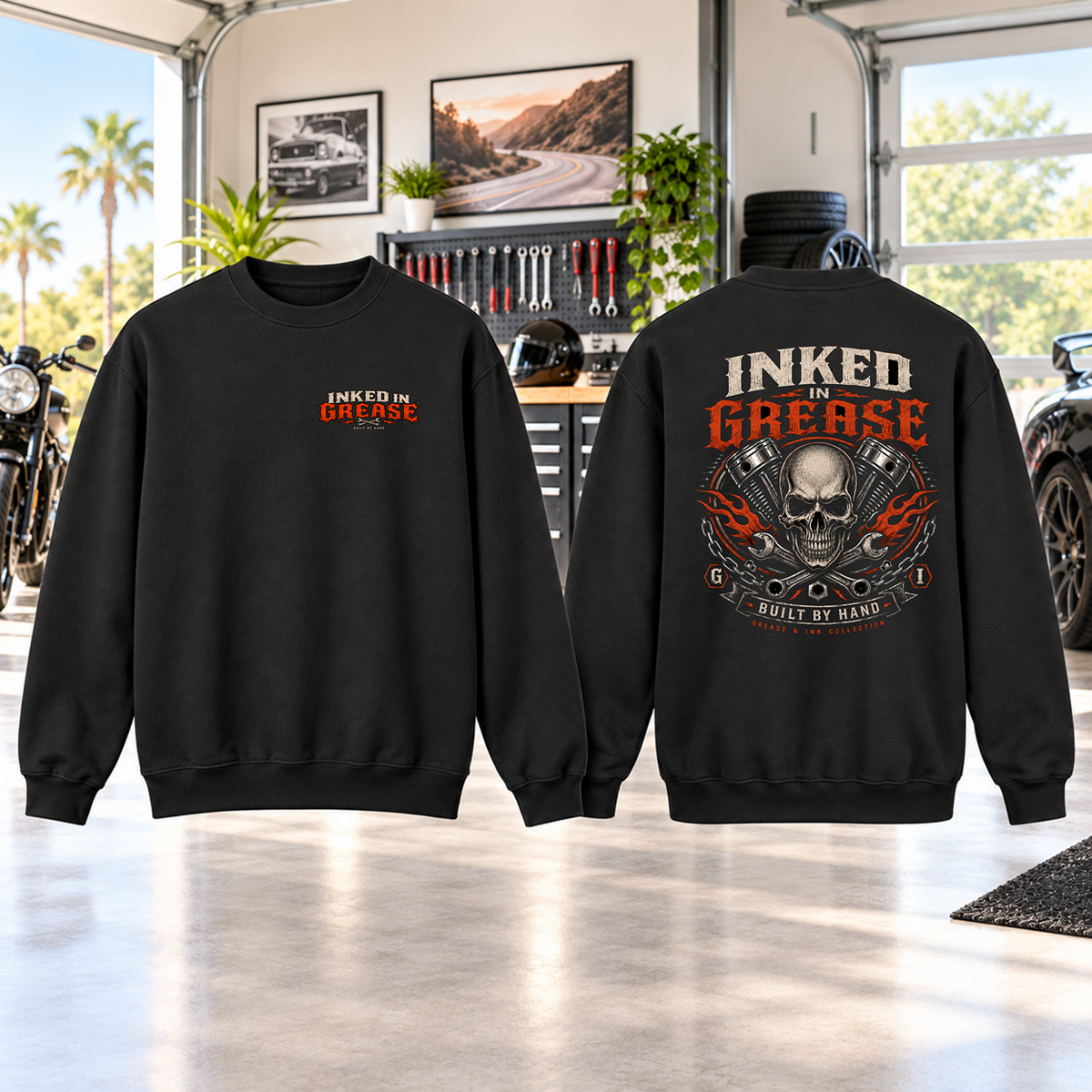 Inked In Grease Crewneck with Garage Life artwork by Print Gear
