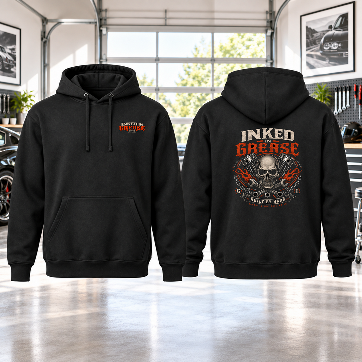 Inked In Grease Hoodie with Garage Life artwork by Print Gear