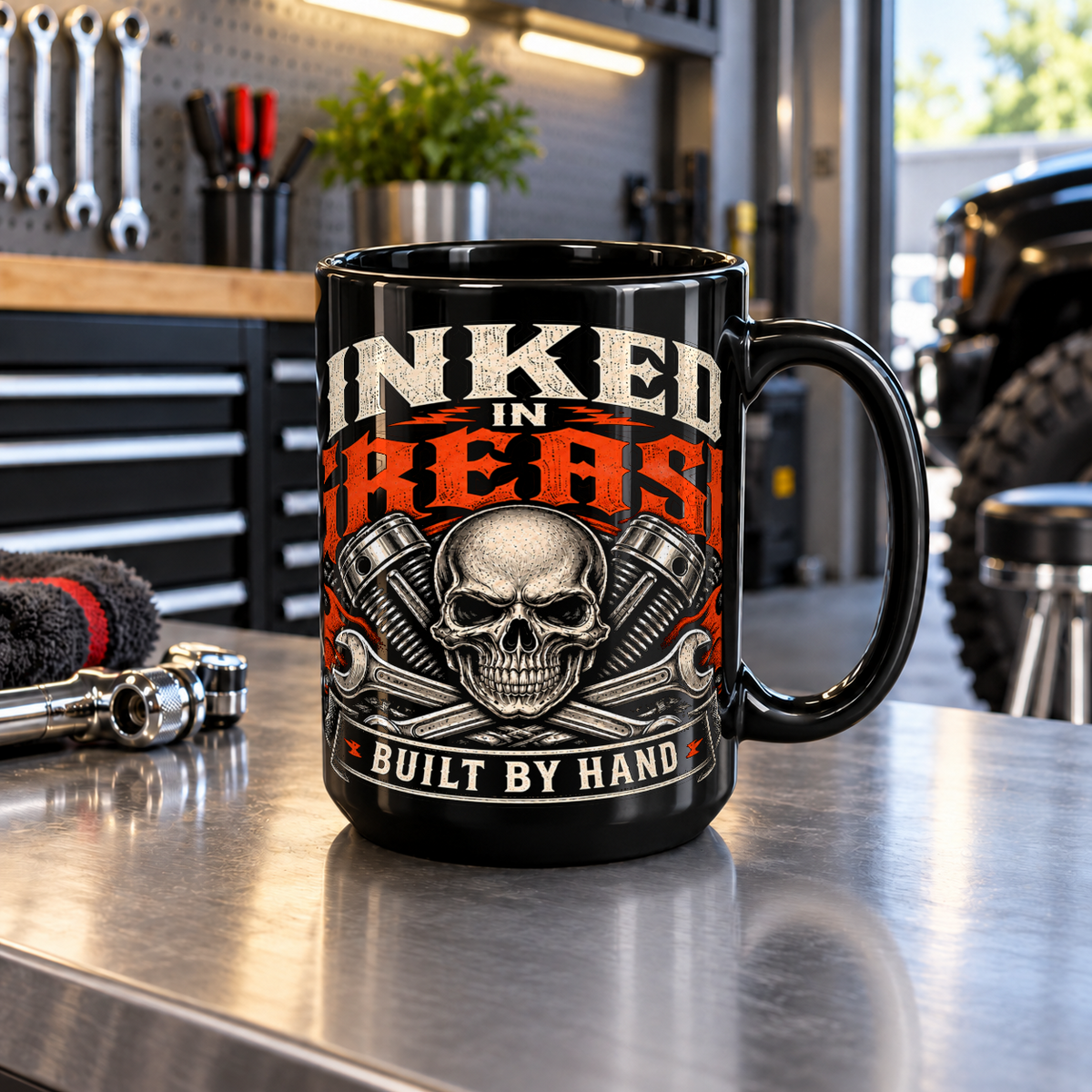 Inked In Grease Black Mug 15oz with Garage Life artwork by Print Gear
