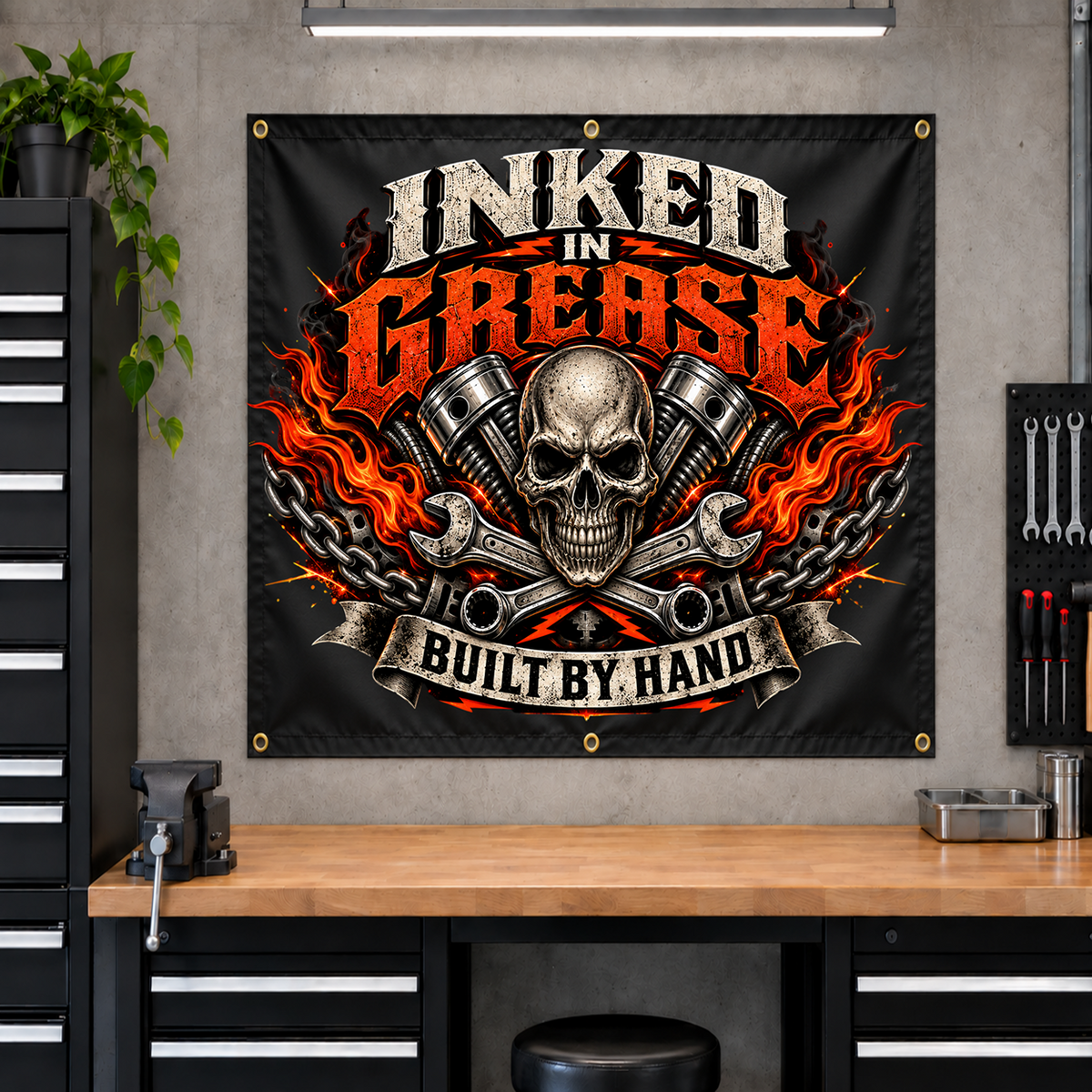 Inked In Grease Garage Banner with Garage Life artwork by Print Gear