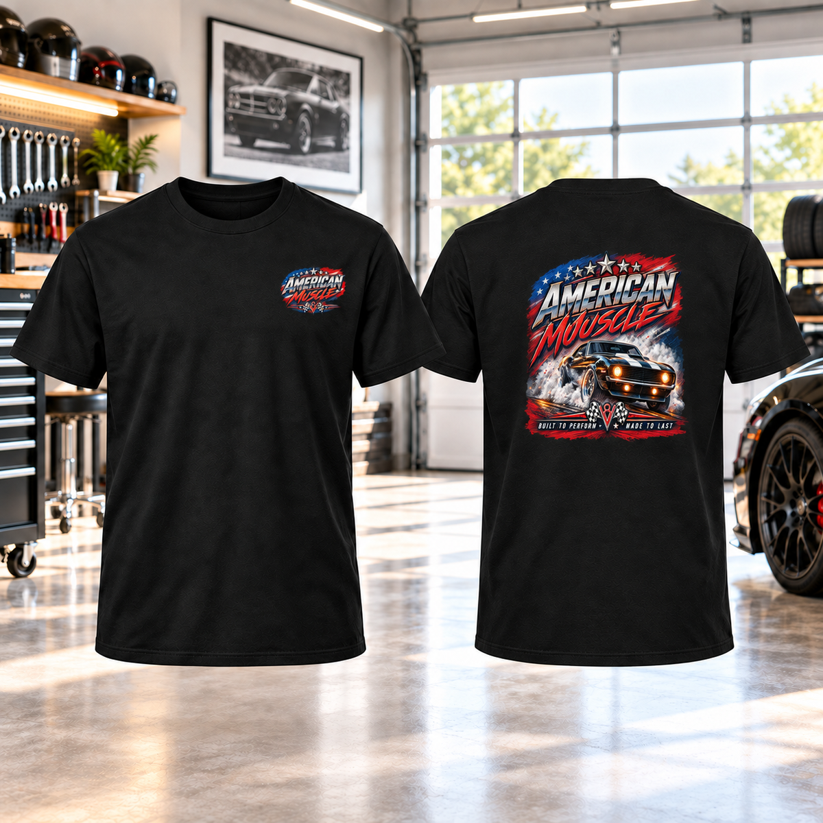 American Muscle T-Shirt with Garage Life artwork by Print Gear