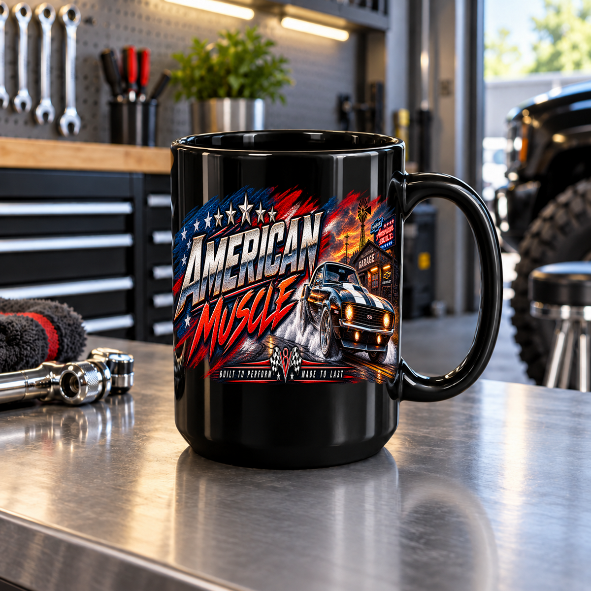 American Muscle Black Mug 15oz with Garage Life artwork by Print Gear