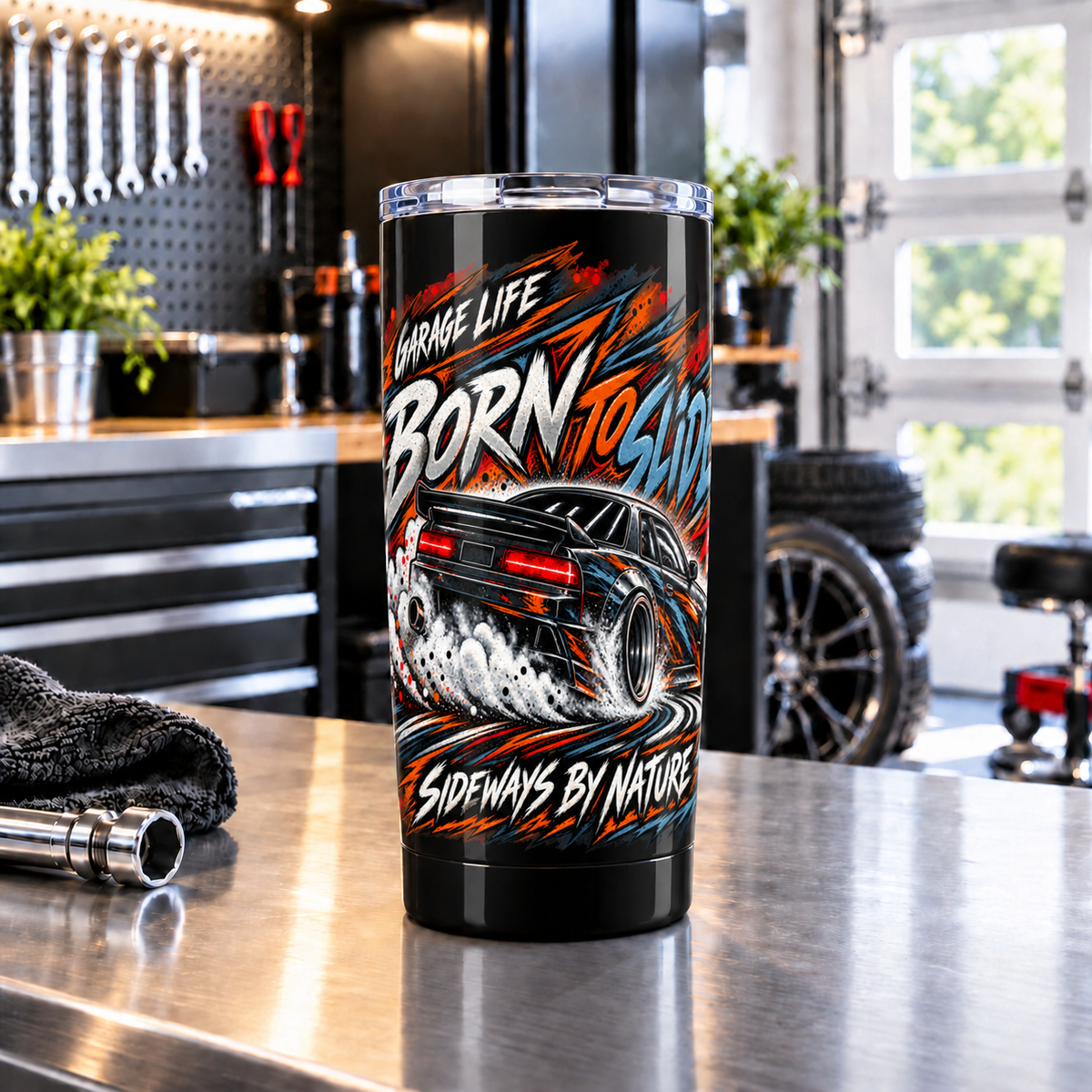 Born To Slide 20oz Tumbler with Garage Life artwork by Print Gear