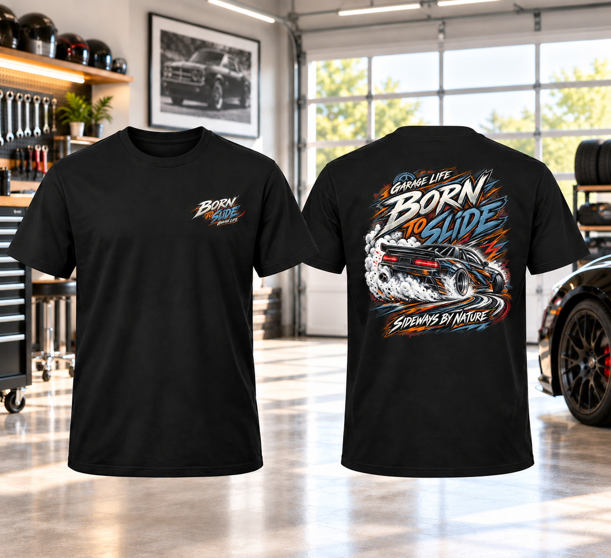 Born To Slide T-Shirt with Garage Life artwork by Print Gear