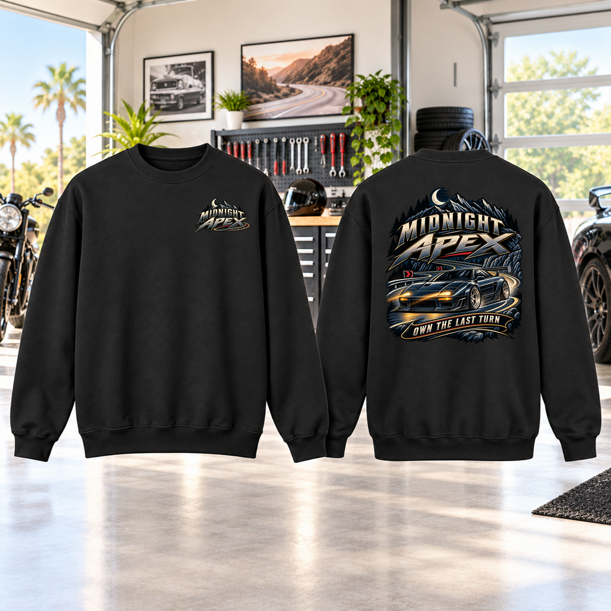 Midnight Apex Crewneck with Garage Life artwork by Print Gear