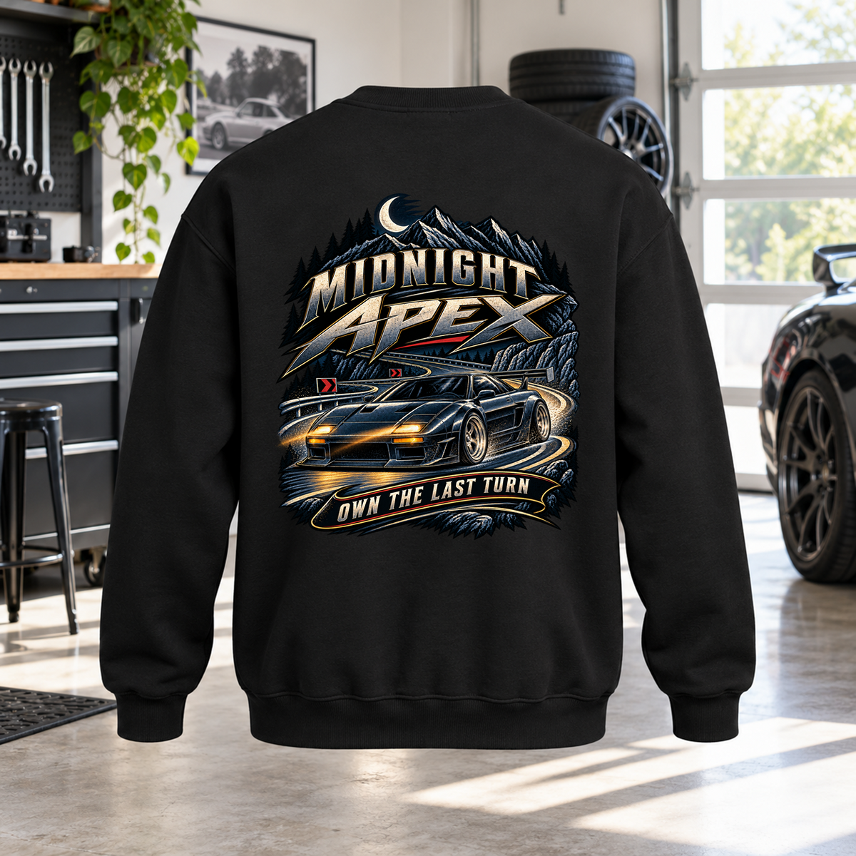 Midnight Apex Crewneck with Garage Life artwork by Print Gear