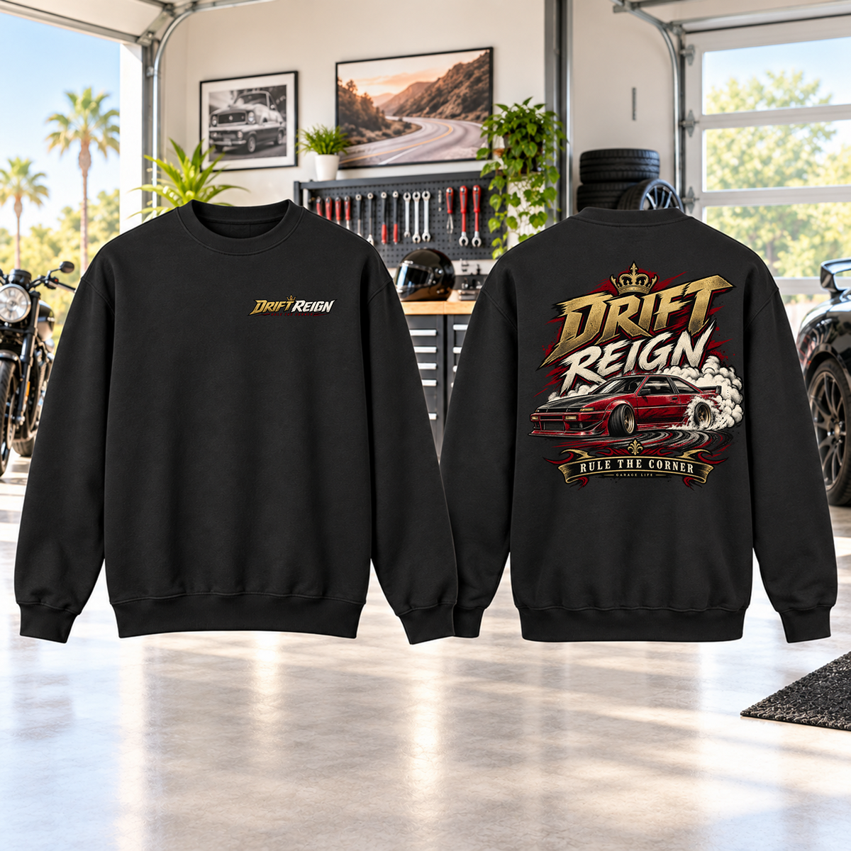 Drift Reign Crewneck with Garage Life artwork by Print Gear