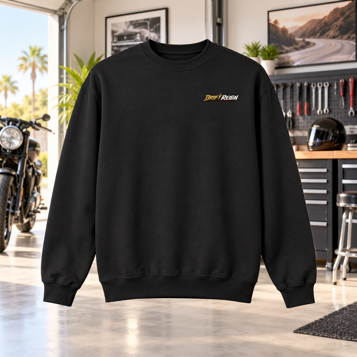 Drift Reign Crewneck with Garage Life artwork by Print Gear