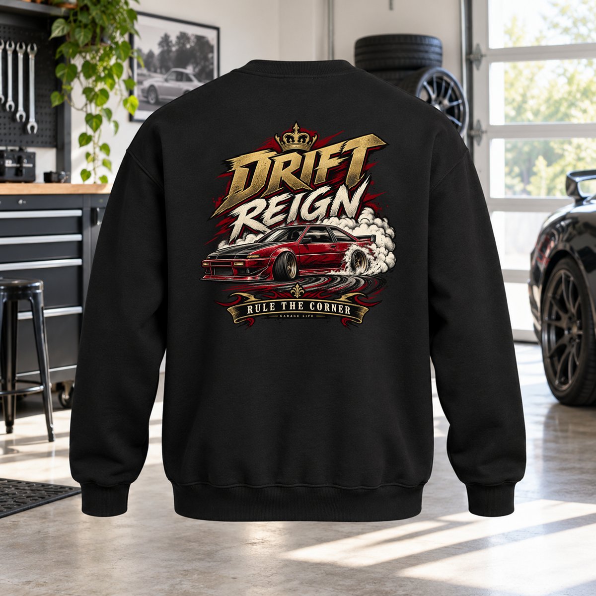 Drift Reign Crewneck with Garage Life artwork by Print Gear