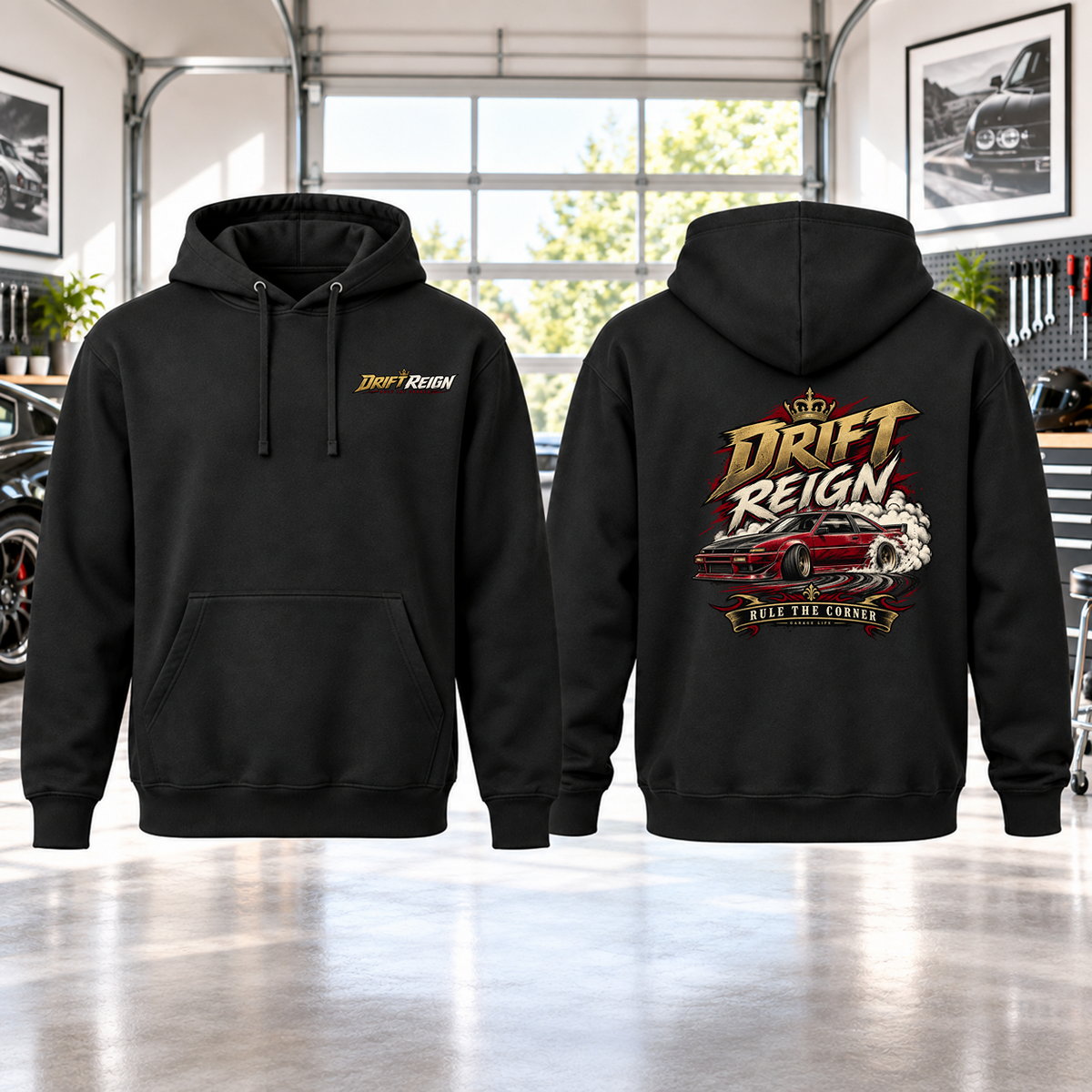 Drift Reign Hoodie with Garage Life artwork by Print Gear