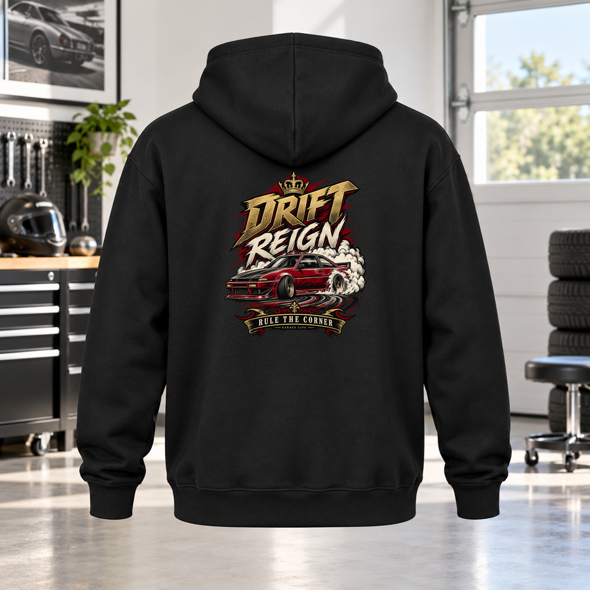 Drift Reign Hoodie with Garage Life artwork by Print Gear