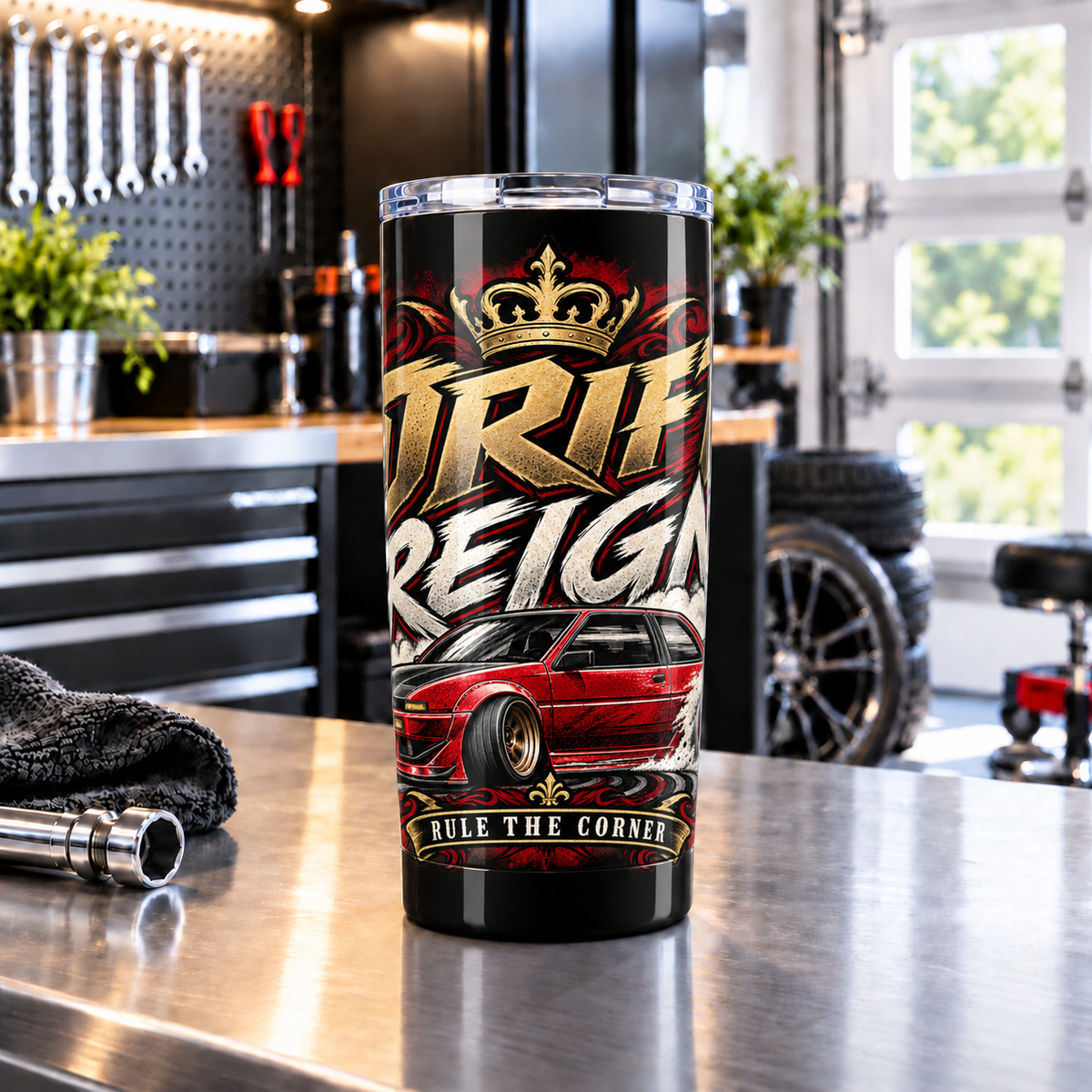 Drift Reign 20oz Tumbler with Garage Life artwork by Print Gear
