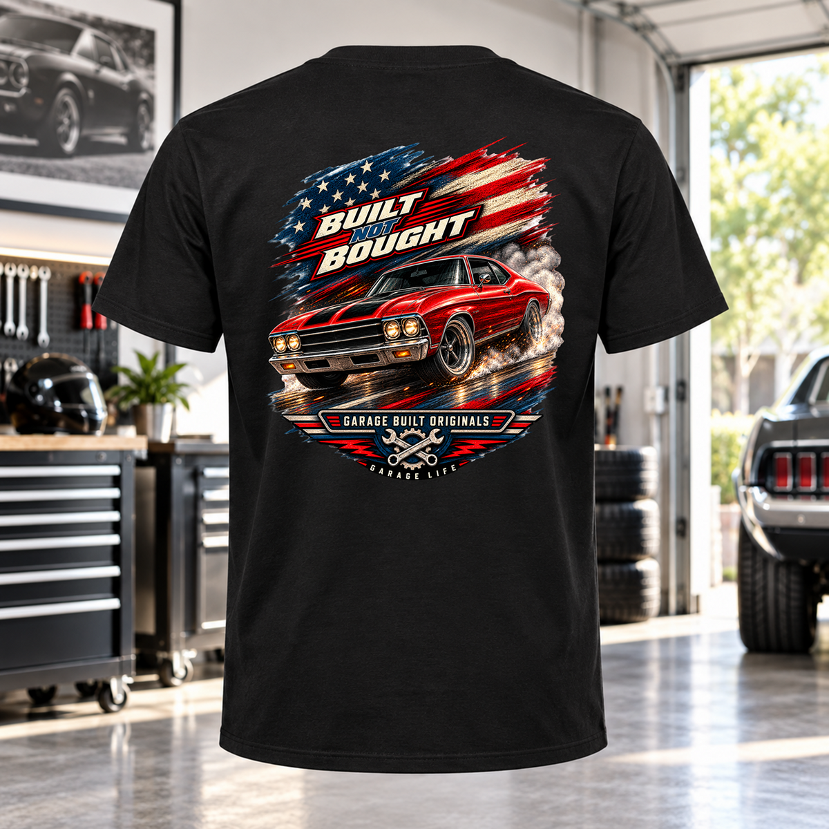 Built Not Bought T-Shirt with Garage Life artwork by Print Gear