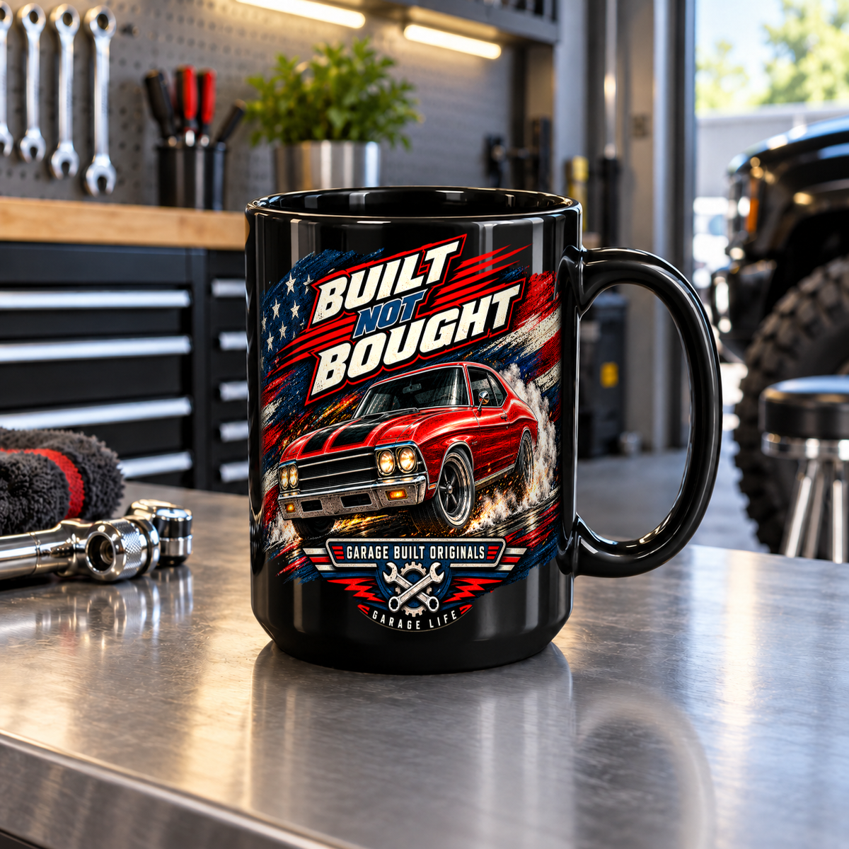 Built Not Bought Black Mug 15oz with Garage Life artwork by Print Gear