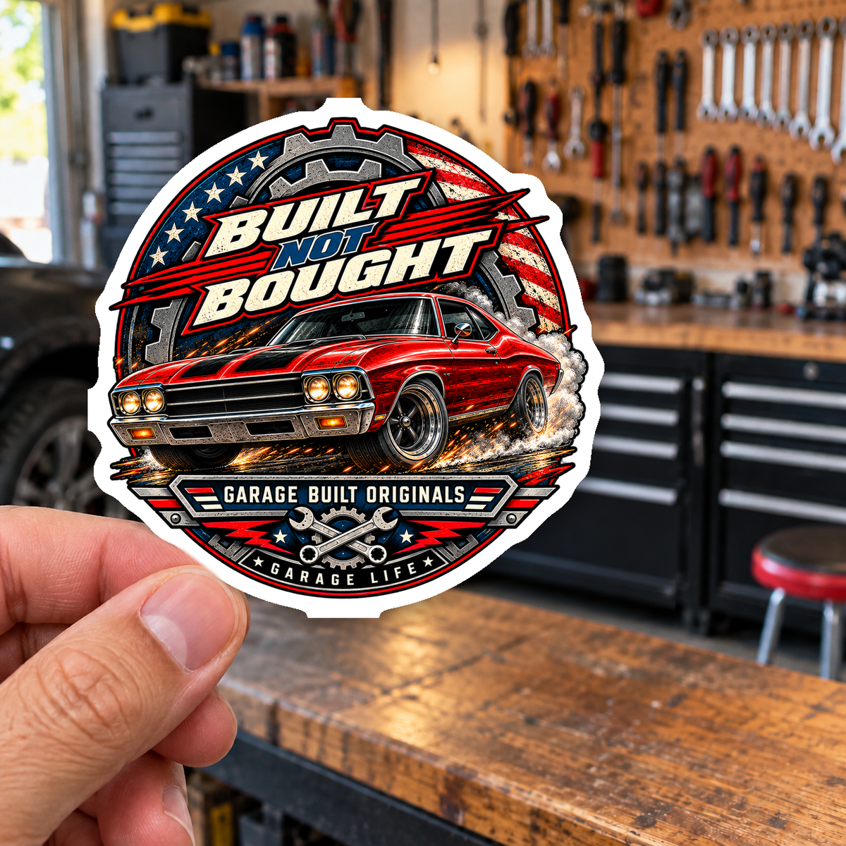 Built Not Bought Die-Cut Sticker 3 with Garage Life artwork by Print Gear