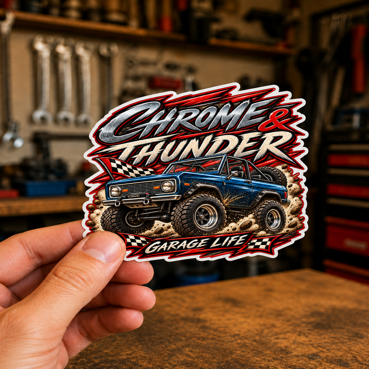 Chrome And Thunder Die-Cut Sticker 1 with Garage Life artwork by Print Gear