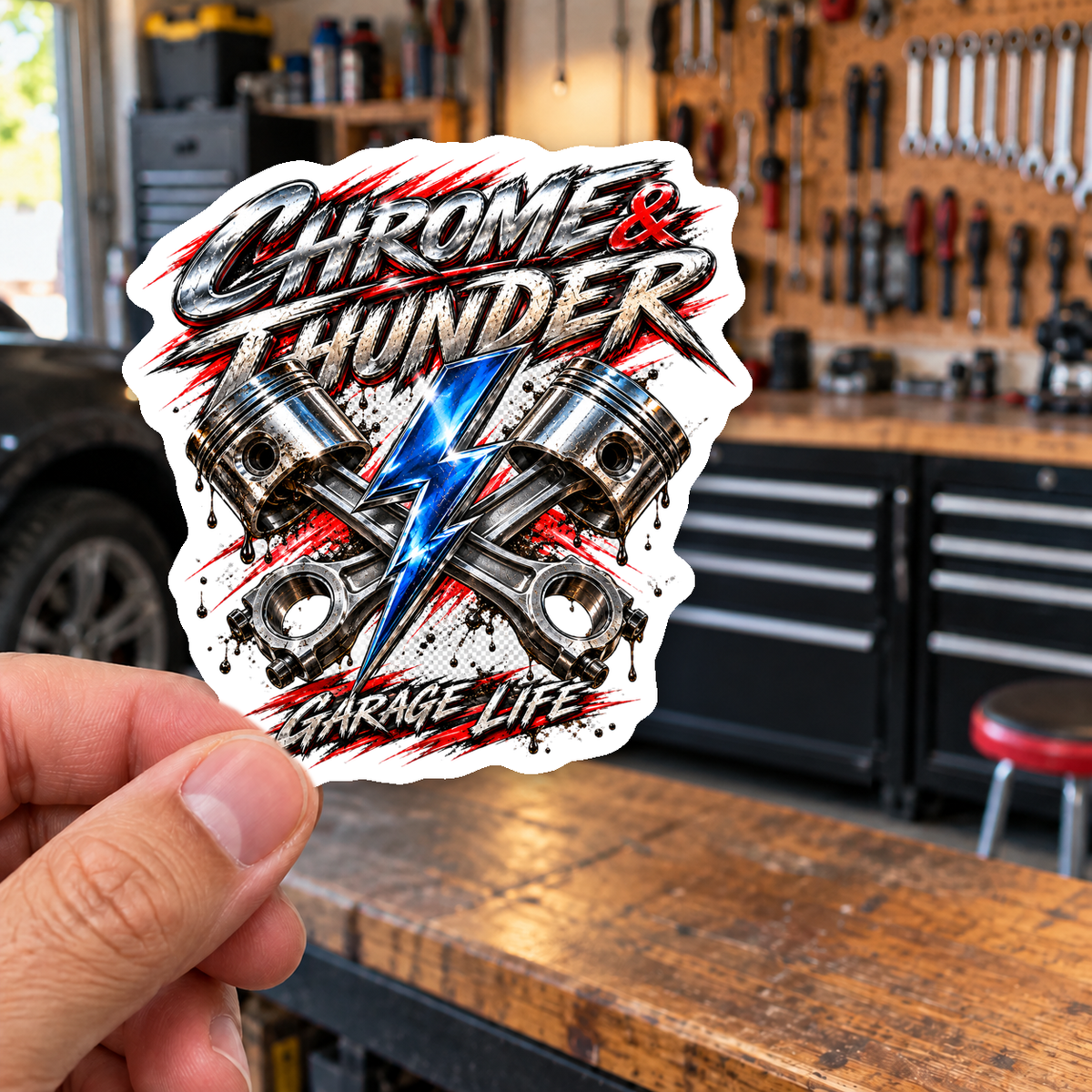 Chrome And Thunder Die-Cut Sticker 2 with Garage Life artwork by Print Gear