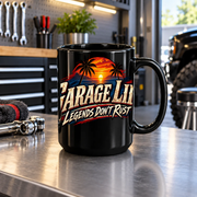 Legends Don't Rust Black Mug 15oz with Garage Life artwork by Print Gear