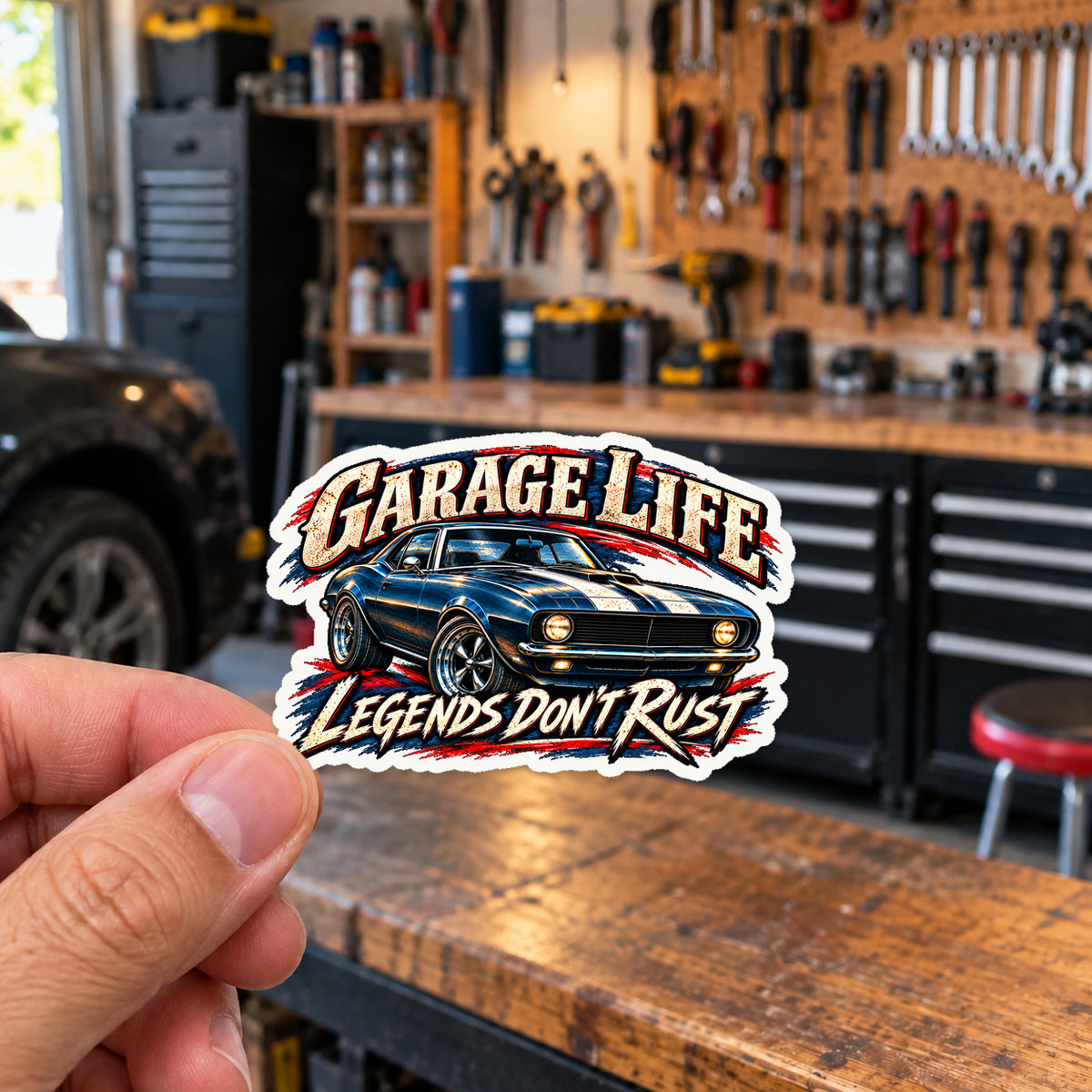 Legends Don't Rust Die-Cut Sticker 3 with Garage Life artwork by Print Gear