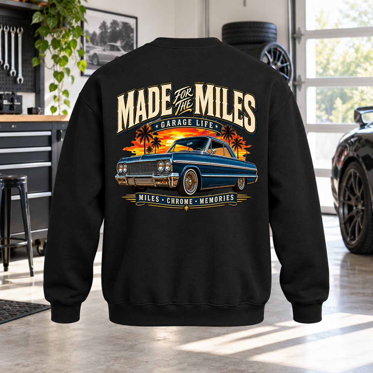 Made For The Miles Crewneck with Garage Life artwork by Print Gear