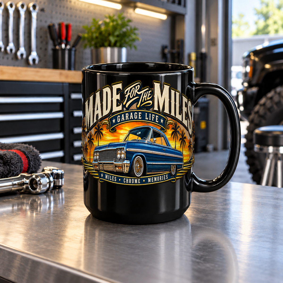Made For The Miles Black Mug 15oz with Garage Life artwork by Print Gear