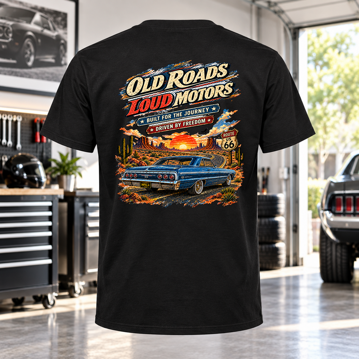 Old Roads Loud Motors T-Shirt with Garage Life artwork by Print Gear