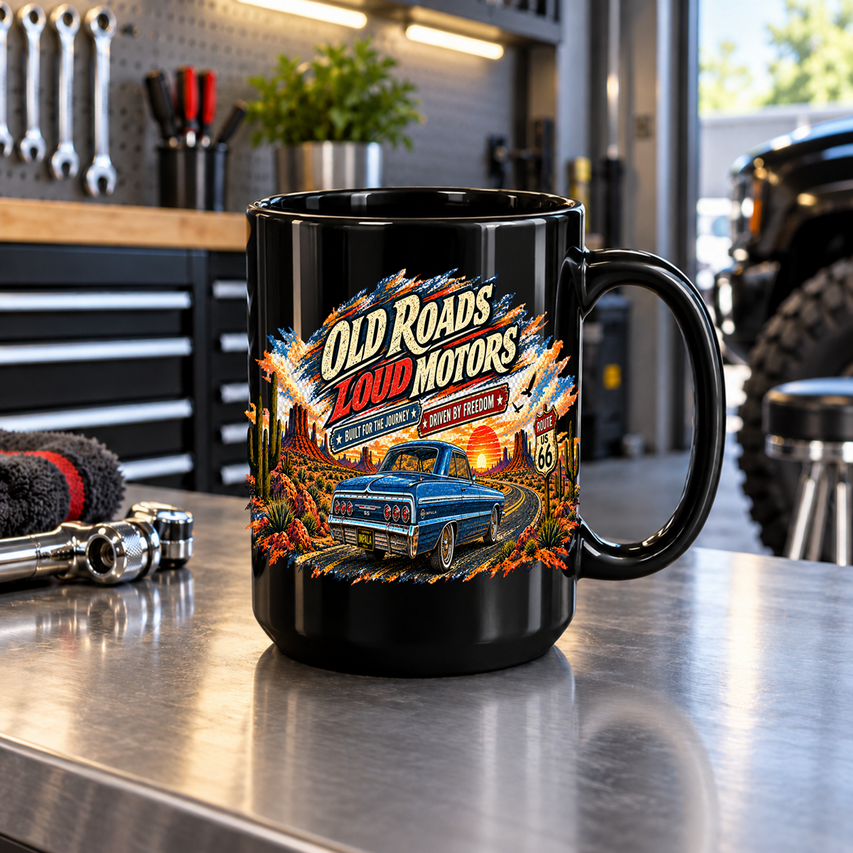 Old Roads Loud Motors Black Mug 15oz with Garage Life artwork by Print Gear