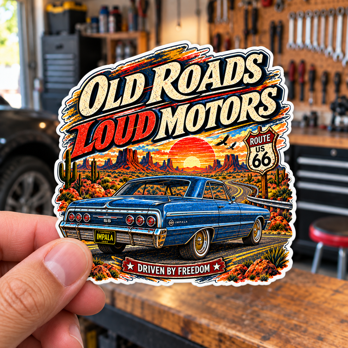 Old Roads Loud Motors Die-Cut Sticker 1 with Garage Life artwork by Print Gear