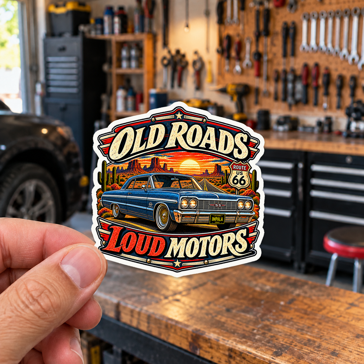 Old Roads Loud Motors Die-Cut Sticker 3 with Garage Life artwork by Print Gear