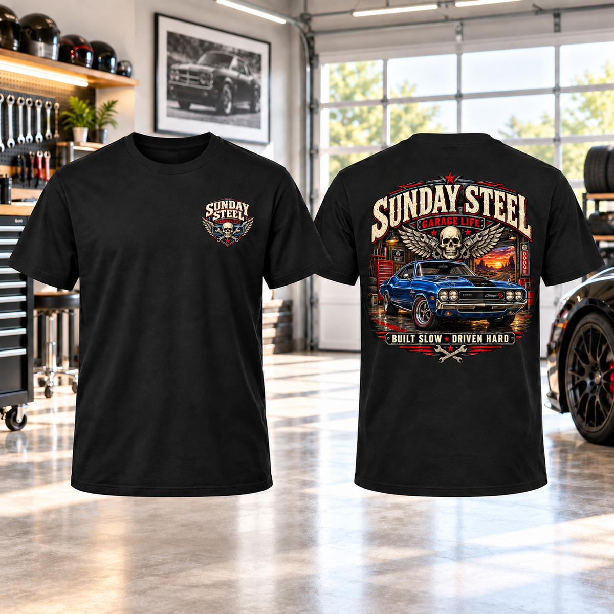 Sunday Steel T-Shirt with Garage Life artwork by Print Gear
