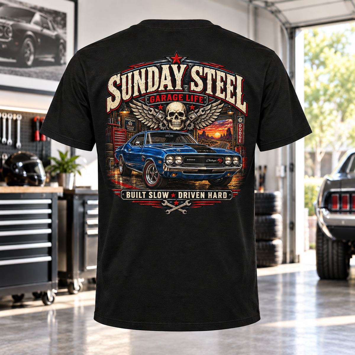 Sunday Steel T-Shirt with Garage Life artwork by Print Gear