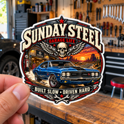 Sunday Steel Die-Cut Sticker 1 with Garage Life artwork by Print Gear