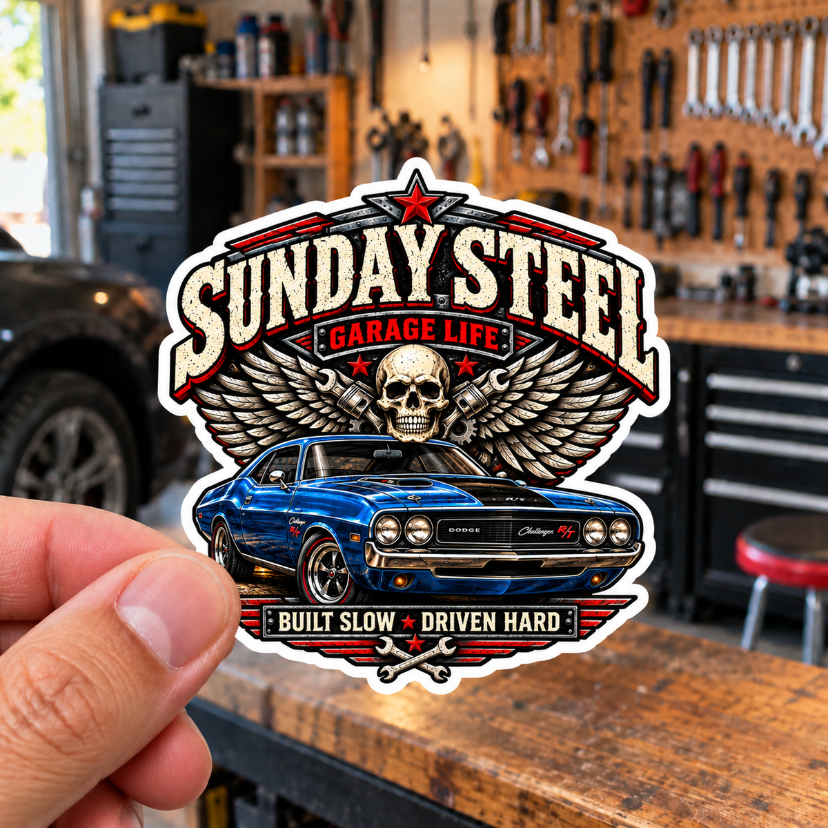 Sunday Steel Die-Cut Sticker 2 with Garage Life artwork by Print Gear