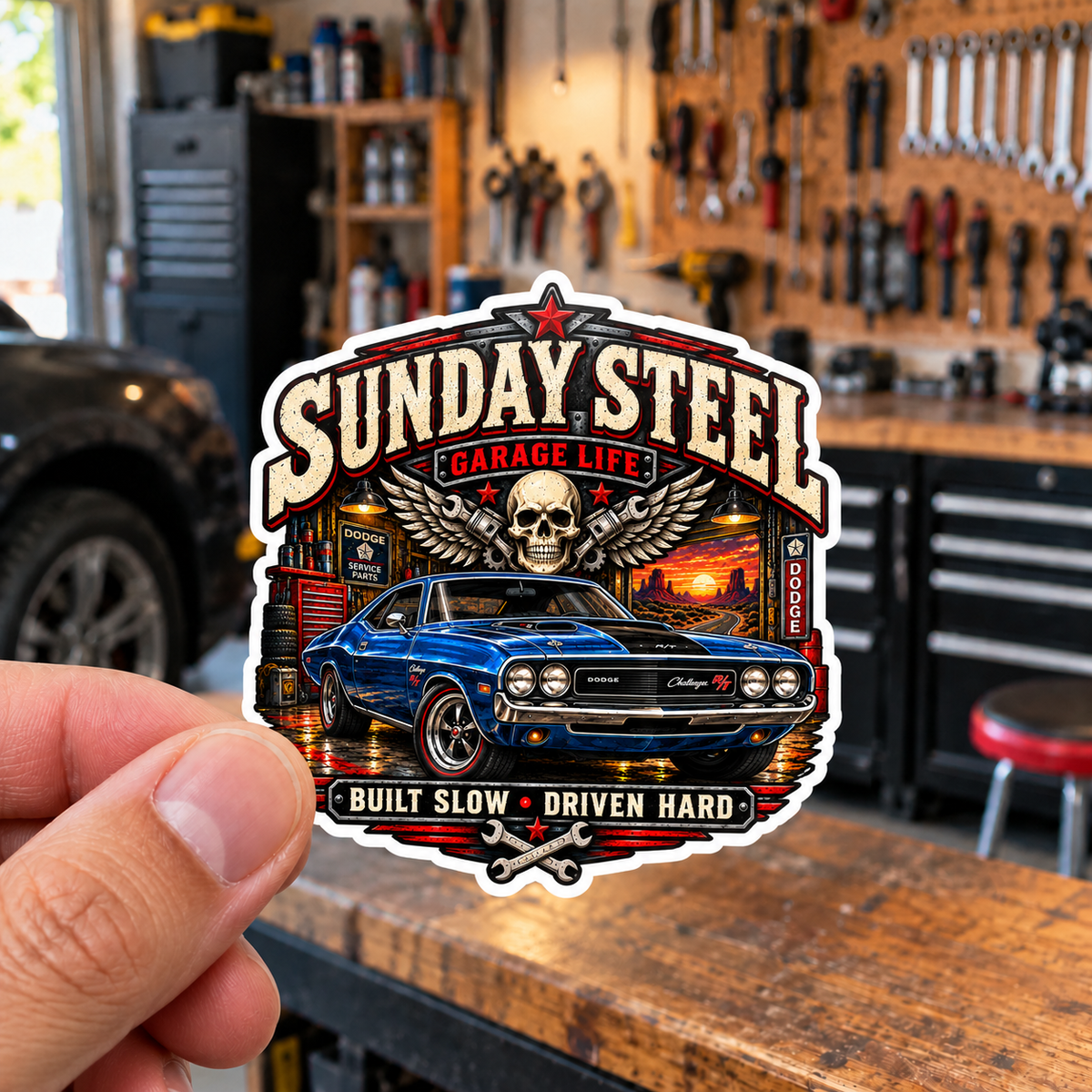 Sunday Steel Die-Cut Sticker 3 with Garage Life artwork by Print Gear
