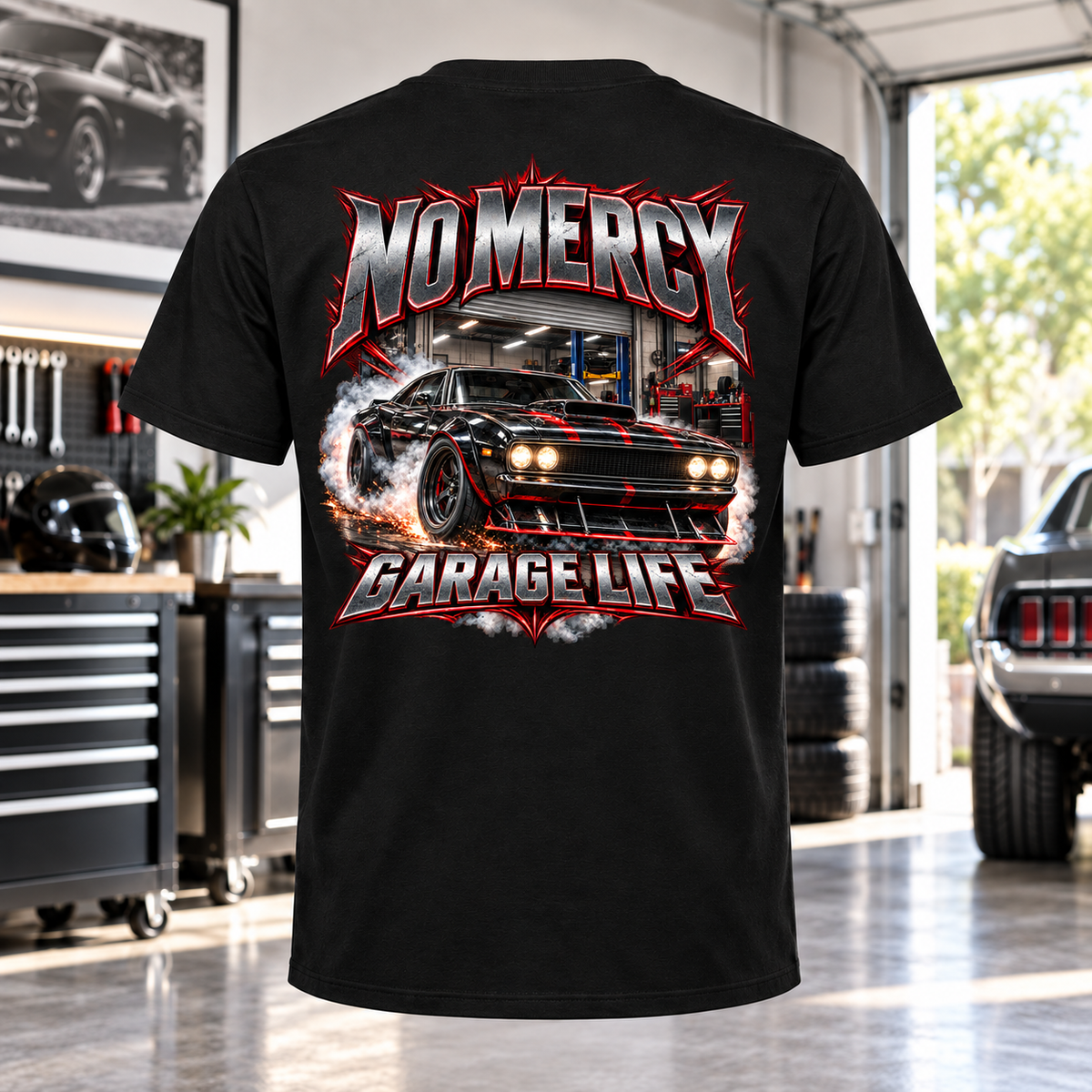 No Mercy Garage T-Shirt with Garage Life artwork by Print Gear